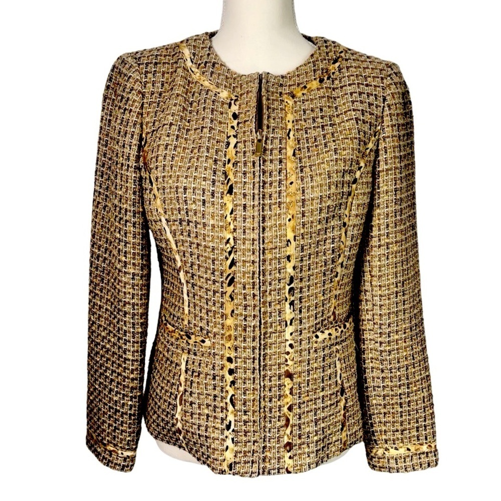 Jones New York Tweed Style Animal Print Cream Gold Blazer Size 4